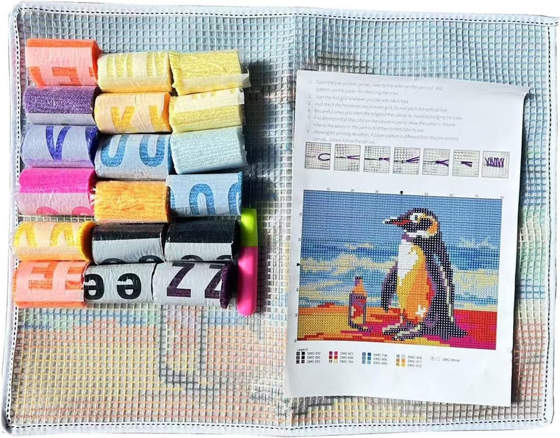 GLAECYY Latch Hook Kits Rug Crochet Yarn Kit Cushion Colour Pre-Printed Canvas Rug Needlework DIY Hook and Latch Kit (Seaside Penguin) - Image 5